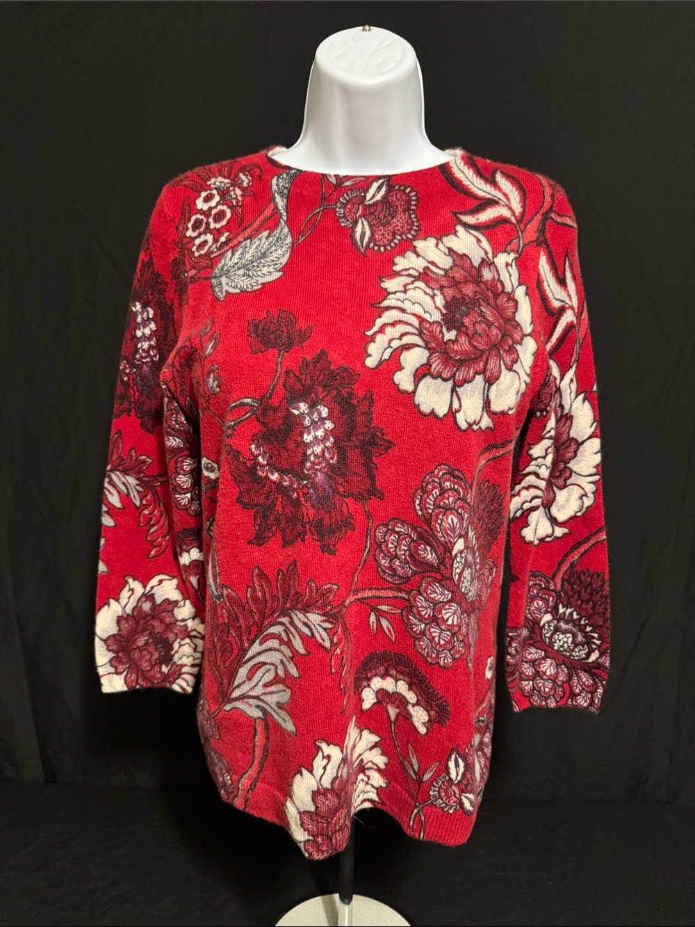 Talbots Red Floral Crewneck Sweater with Cream Accents